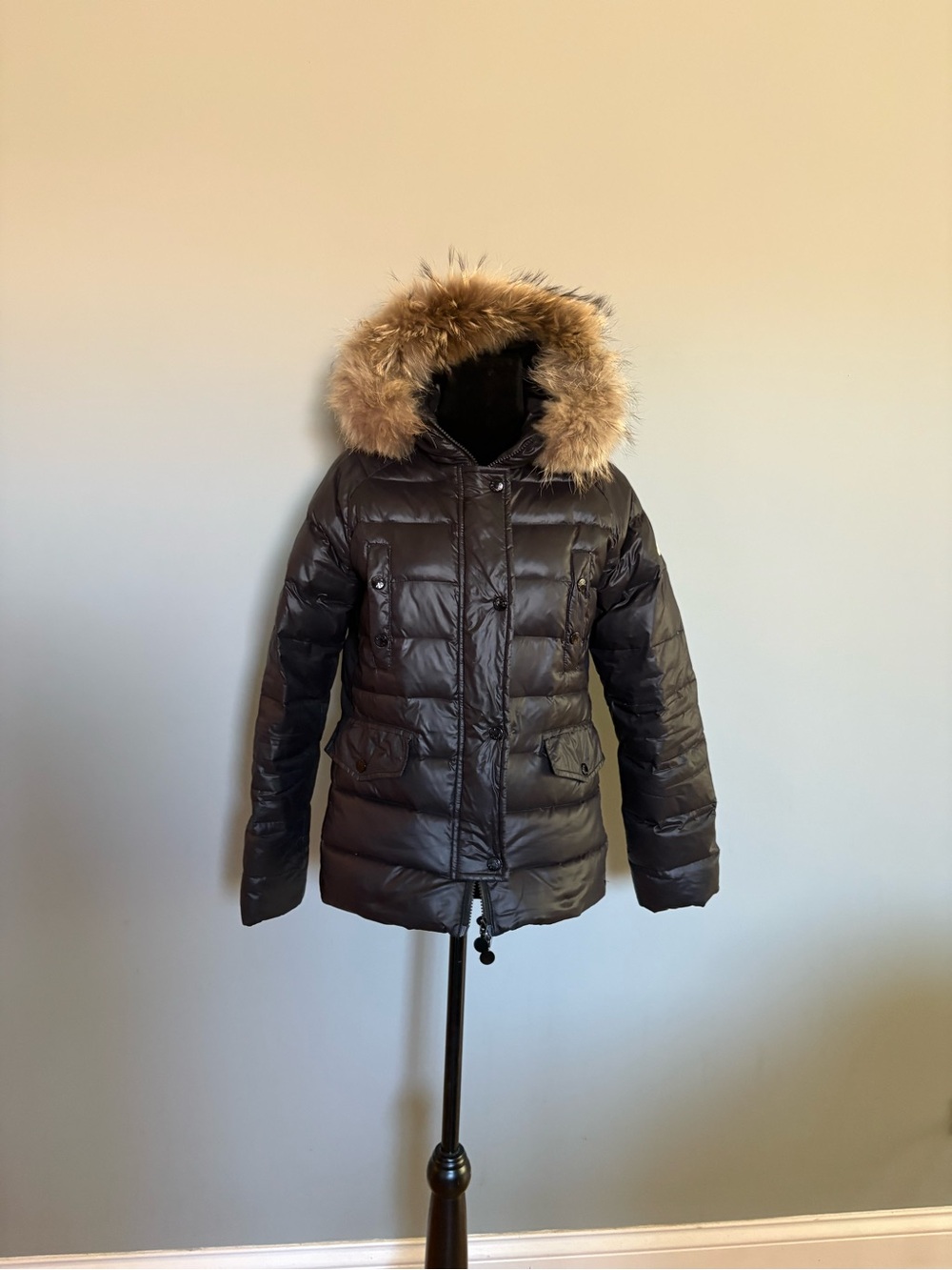 Moncler Black Quilted Down Puffer Jacket with Fur-Trim Hood